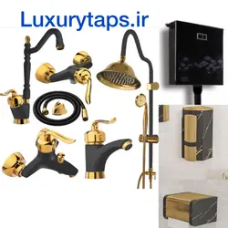 ست ۹ تکه شیرآلات مشکی طلایی قاجاری بامبو به همراه علم دوش شیپوری،فلاش تانک،جامایع و جای دستمال توالت با ارسال رایگان