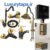 ست ۹ تکه شیرآلات مشکی طلایی قاجاری بامبو به همراه علم دوش شیپوری،فلاش تانک،جامایع و جای دستمال توالت با ارسال رایگان