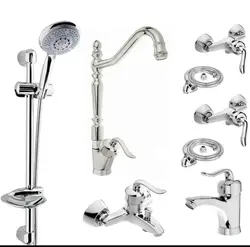 ست ۸ تکه شیرآلات قاجاری بامبو با علم دوش خارجی و شیر توالت فرنگی و ۲ عدد شلنگ توالت