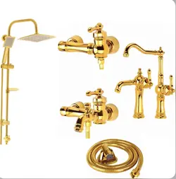 ست ۶ تکه شیرآلات طلایی فانتزی مدل تینا به همراه علم دوش دوکاره و شلنگ توالت