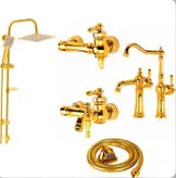 ست ۶ تکه شیرآلات طلایی فانتزی مدل تینا به همراه علم دوش دوکاره و شلنگ توالت