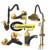 ست کامل شیرآلات مشکی طلایی قاجاری مجموعه ۸ تکه شیرآلات مشکی طلایی قاجاری به همراه فلاش تانک،علم دوش شیپوری،جامایع هارمونی و شلنگ توالت با ارسال رایگان