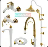 ست شش تکه شیرآلات سفیدطلایی بامبو سری ویژه VIP /دارای شیر ظرفشویی شاوری فنری فانتزی اعلا و علم دوش شیپوری و روشویی بلند