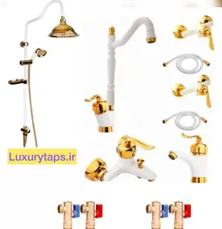 ست ۱۲ تکه شیرآلات سفیدطلایی قاجاری بامبو با علم دوش شیپوری (ست کامل)