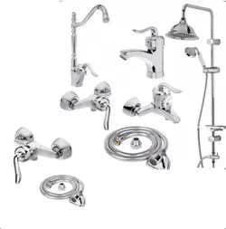 ست ۸ تکه شیرآلات قاجاری بامبو به همراه علم دوش شیپوری و شیر توالت اضافه و ۲ عدد شلنگ توالت