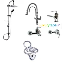 ست ۶ تکه شیرآلات بامبو قاجاری با شیر ظرفشویی دومنظوره فنری تصفیه دار و علم دوکاره استیل و شلنگ توالت با ارسال رایگان