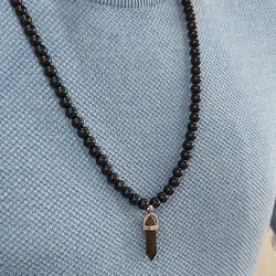 گردنبند سنگ اونیکس مشکی با پلاک منشوری سنگ چشم ببر