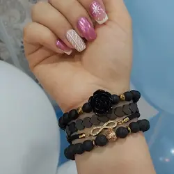 ست دستبند زنانه سنگ لاوا و اونیکس و حدید با پلاک بینهایت اکسسوری دستساز رنگ ثابت