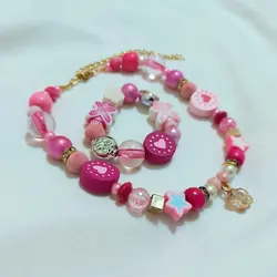 ست گردنبند و دستبند دخترانه صورتی بچه گانه اکسسوری فانتزی