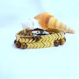 ست دستبند سنگ چشم ببر و حدید فلشی طلایی اکسسوری دستساز مردانه رنگ ثابت