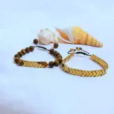 ست دستبند سنگ چشم ببر و حدید فلشی طلایی اکسسوری دستساز مردانه رنگ ثابت