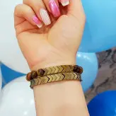 ست دستبند سنگ چشم ببر و حدید فلشی طلایی اکسسوری دستساز مردانه رنگ ثابت