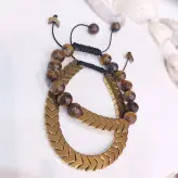 ست دستبند سنگ چشم ببر و حدید فلشی طلایی اکسسوری دستساز مردانه رنگ ثابت