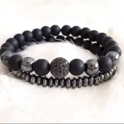 ست دستبند مردانه اونیکس حدید دودی گوی سوارسکی رنگ ثابت اکسسوری دستساز مردانه پسرانه