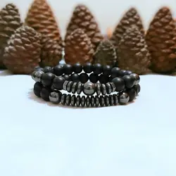 دستبند ست مردانه سنگ اونیکس و حدید دودی و لاوا اکسسوری دستساز رنگ ثابت اسپرت