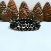 دستبند ست مردانه سنگ اونیکس و حدید دودی و لاوا اکسسوری دستساز رنگ ثابت اسپرت