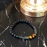 دستبند مردانه سنگ چشم ببر اونیکس مشکی حدید دودی رنگ ثابت اکسسوری دست ساز مردانه