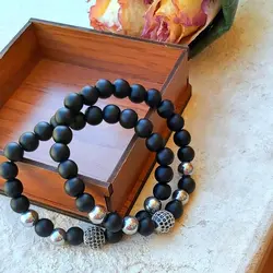 ست دستبند مردانه دو تایی اونیکس و حدید و گوی سوارسکی اکسسوری دستساز رنگ ثابت