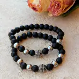 ست دستبند مردانه دو تایی اونیکس و حدید و گوی سوارسکی اکسسوری دستساز رنگ ثابت