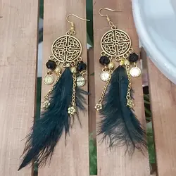 گوشواره آویزی پر مشکی و طلایی کریستال آویزدار زنجیر سکه گل اکسسوری زیورآلات زنانه دخترانه
