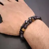 دستبند ست مردانه سنگ چشم ببر و اونیکس و لاوا و حدید دودی با دمبل اکسسوری دستساز مردانه پسرانه رنگ ثابت