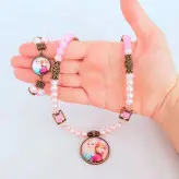 ست گردنبند و دستبند دخترانه آنا و السا صورتی اکسسوری دستساز دخترانه