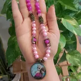 ست گردنبند و دستبند دخترانه آنا و السا صورتی اکسسوری دستساز دخترانه