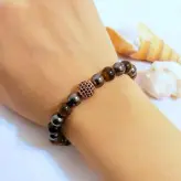 دستبند سنگ چشم ببر و حدید گرد دودی و گوی سوارسکی اکسسوری دستساز زنانه مردانه
