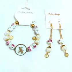 ست دستبند و گوشواره ماه تولد و آویزی استیل و مروارید سفید و طلایی اکسسوری زیورآلات زنانه
