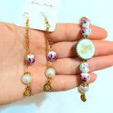 ست دستبند و گوشواره ماه تولد و آویزی استیل و مروارید سفید و طلایی اکسسوری زیورآلات زنانه