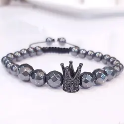 دستبند تمام حدید با تاج سوارسکی دودی اکسسوری دست ساز رنگ ثابت مردانه