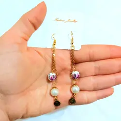 گوشواره آویزی استیل طلایی و مروارید سفید اکسسوری زیورآلات زنانه دخترانه اسپرت