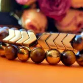 دستبند ست مردانه سنگ چشم ببر و حدید طلایی اکسسوری پسرانه اسپرت