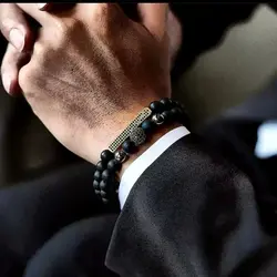 ست دستبند سنگ کشی اونیکس و گوی سوارسکی نگین دار دودی اکسسوری مردانه رنگ ثابت