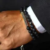 ست دستبند سنگ کشی اونیکس و گوی سوارسکی نگین دار دودی اکسسوری مردانه رنگ ثابت