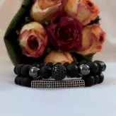 ست دستبند سنگ کشی اونیکس و گوی سوارسکی نگین دار دودی اکسسوری مردانه رنگ ثابت