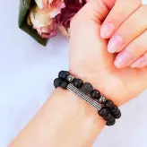 ست دستبند سنگ کشی اونیکس و گوی سوارسکی نگین دار دودی اکسسوری مردانه رنگ ثابت