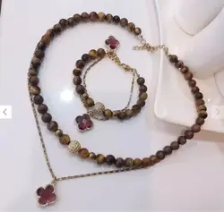 ست گردنبند و دستبند سنگ چشم ببر و زنجیر استیل با پلاک اشکی زیورآلات دستساز زنانه دخترانه استیل رنگ ثابت