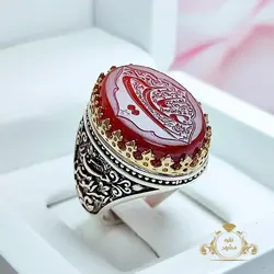 انگشتر خطی مردانه عقیق سرخ با ذکر زیبای یا علی(ع)