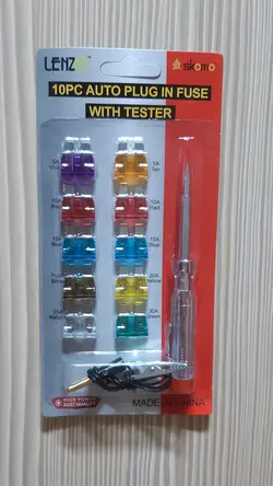 پک کامل تستر فیوز خودرو( برند لنزو )همراه با ۱۰ عدد فیوز شیشه ای