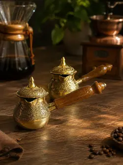 قهوه جوش جذوه جنس برنجی مدل خمره‌ای در دار سایز 2 کاپ