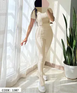 ست کراپ شلوار زنانه رگه دوزی یقه بسته
