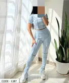 ست کراپ شلوار زنانه رگه دوزی یقه بسته