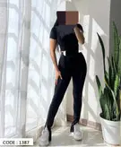 ست کراپ شلوار زنانه رگه دوزی یقه بسته
