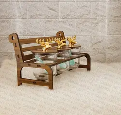 جا ادویه سر گوزن با استند چوبی طرح نیمکت،جاادویه،جای چای،جای قهوه،استند سه عددی گوزنی