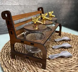 جا ادویه سر گوزن با استند چوبی طرح نیمکت،جاادویه،جای چای،جای قهوه،استند سه عددی گوزنی