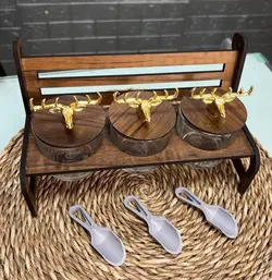 جا ادویه سر گوزن با استند چوبی طرح نیمکت،جاادویه،جای چای،جای قهوه،استند سه عددی گوزنی