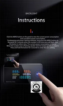 مولتی فانگشن ۷ پارامتری 300 ولت-۱۰۰ آمپر غیر تخریبی AC (ولتمتر ، آمپر متر ،واتمتر،دماسنج،ساعت و…) دیجیتال ال سی دی تمام رنگی بسیار با کیفیت و نمونه اصلی (orginal)