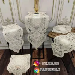 رانر رومیزی و عسلی ۳ تیکه قیطان دوزی ترک قیطان دوزی و دانتل