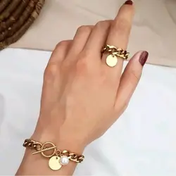ست دستبند و انگشتر کارتیر استیل با آویز سکه و مروارید (ویولت گالری)